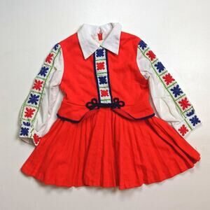 Vintage Maggie Muggins Dress Girls Size 3T Red Embroidered